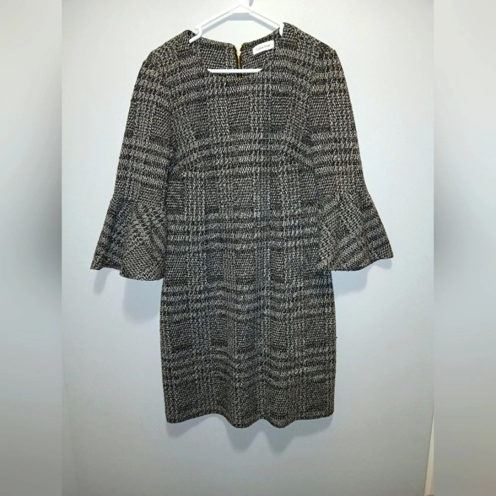 Calvin Klein Tweed Houndstooth Bell Sleeve Sheath Dress Womens Size 10 Office